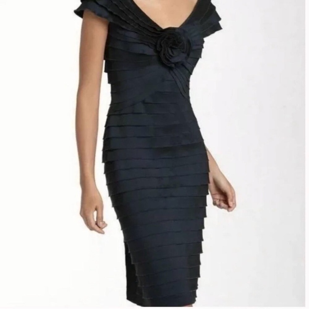 Tadashi Shoji Black Layered V-Neck Sheath Dress with Rosette